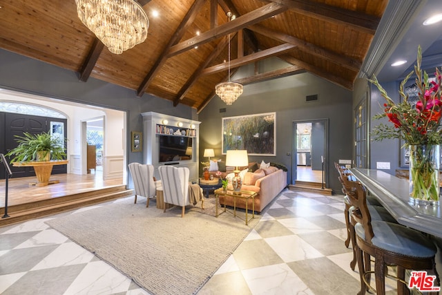 living room featuring a chandelier, beam ceiling, wooden ceiling, and a healthy amount of sunlight