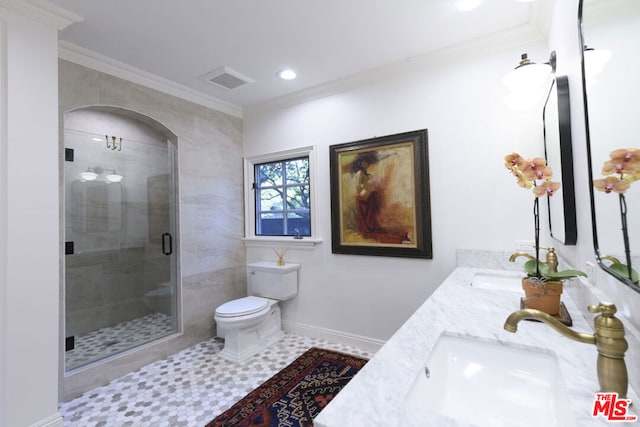 bathroom featuring tile patterned flooring, an enclosed shower, toilet, vanity, and ornamental molding