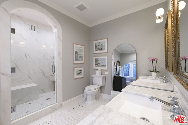 bathroom featuring walk in shower, tile patterned floors, toilet, vanity, and ornamental molding