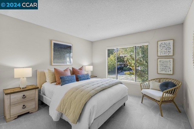 bedroom featuring carpet flooring and a textured ceiling