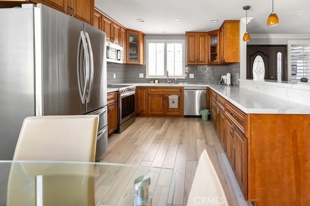 kitchen with pendant lighting, sink, light hardwood / wood-style flooring, ornamental molding, and appliances with stainless steel finishes