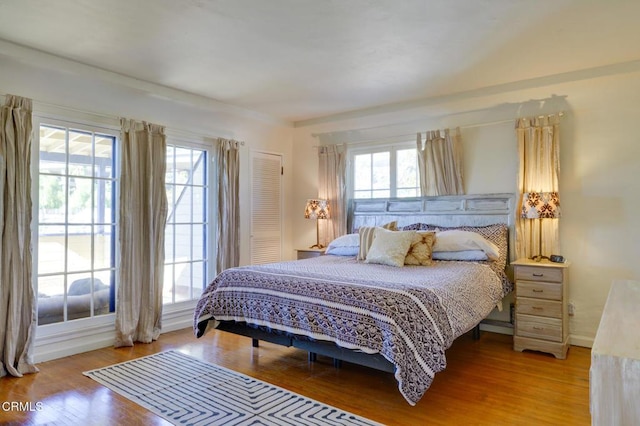 bedroom featuring multiple windows and hardwood / wood-style floors