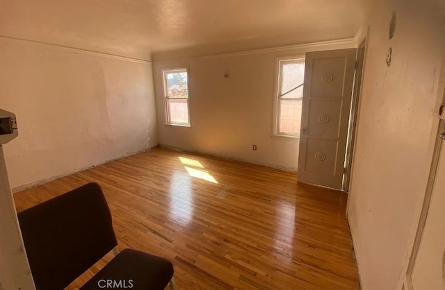 empty room with light hardwood / wood-style floors and crown molding