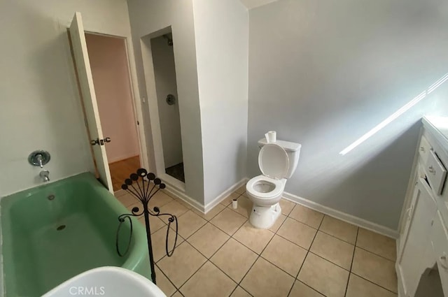 bathroom featuring tile patterned floors, plus walk in shower, and toilet