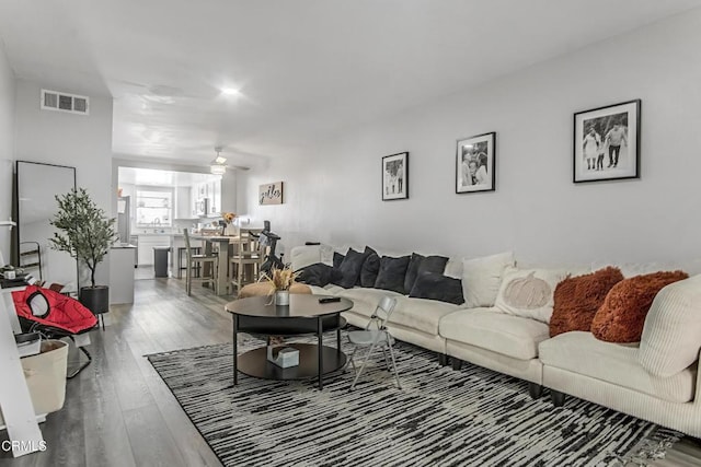 living room with hardwood / wood-style flooring and ceiling fan