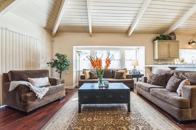 living room featuring lofted ceiling with beams, dark hardwood / wood-style floors, and wood ceiling