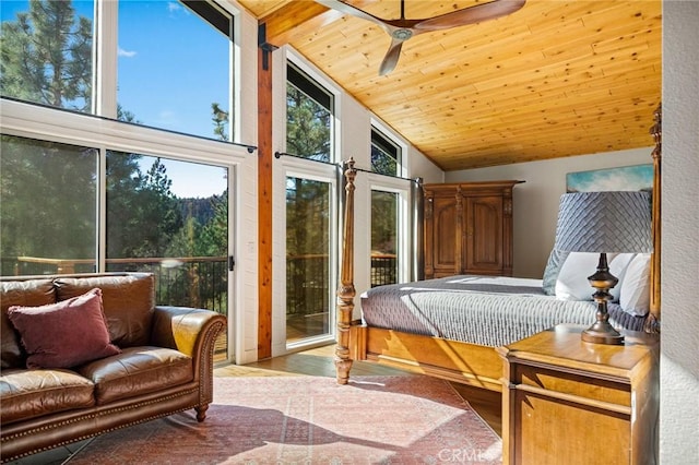 bedroom featuring light wood-type flooring, access to outside, ceiling fan, high vaulted ceiling, and wooden ceiling