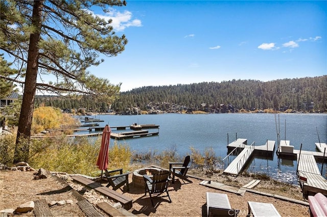 dock area featuring a fire pit and a water view