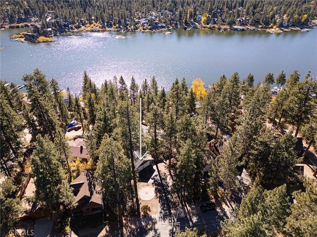 drone / aerial view featuring a water view