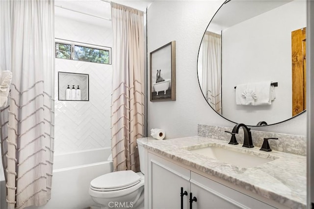 full bathroom with vanity, toilet, and shower / bathtub combination with curtain