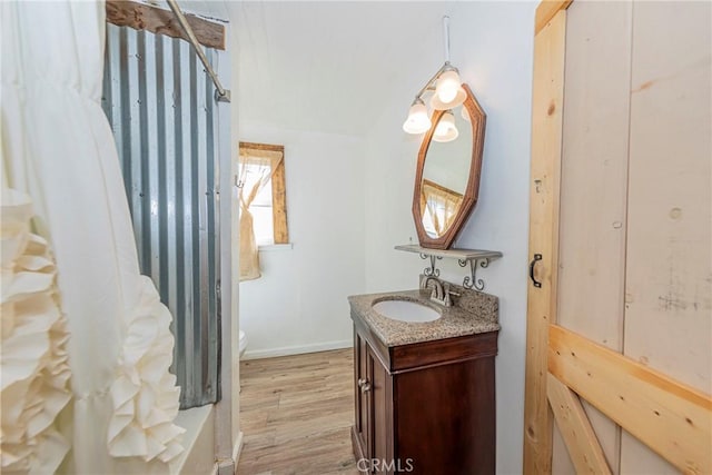 bathroom featuring hardwood / wood-style floors, vanity, and toilet