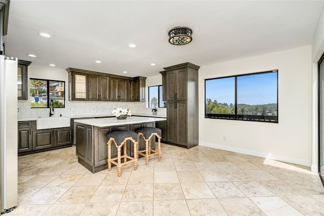 kitchen with tasteful backsplash, light countertops, a sink, and dark brown cabinets