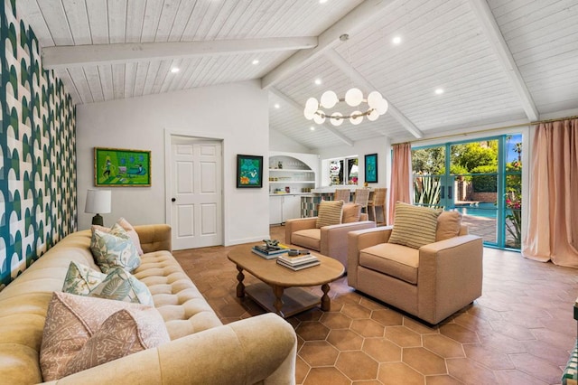 tiled living room with lofted ceiling with beams, built in features, wooden ceiling, and a chandelier