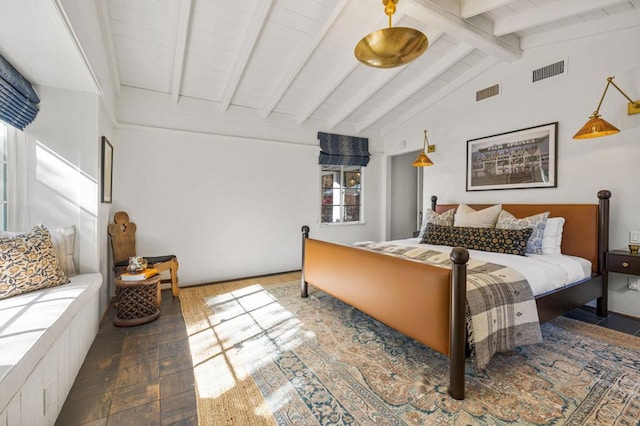 bedroom with lofted ceiling with beams and dark hardwood / wood-style flooring