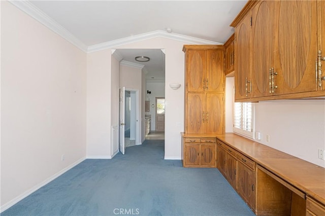 interior space with lofted ceiling, ornamental molding, and light carpet