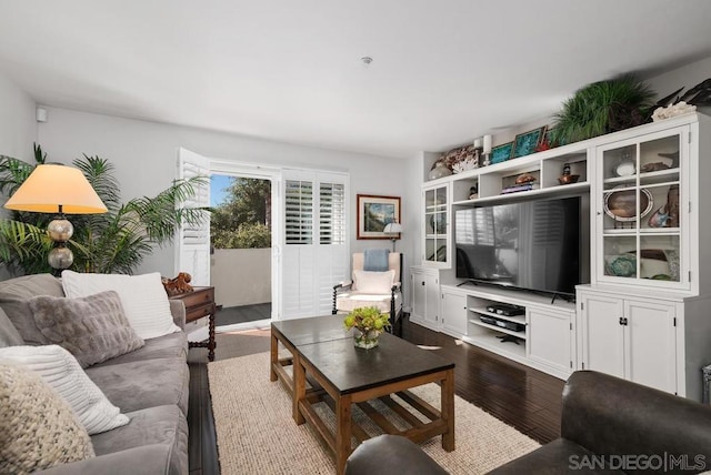 living room featuring dark wood-type flooring