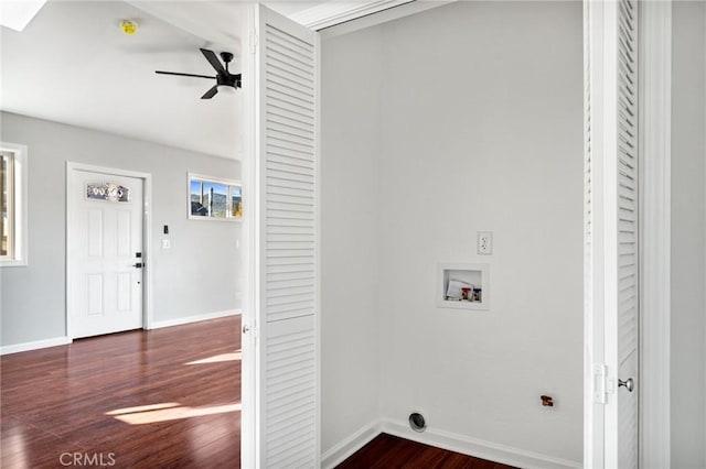 laundry area featuring dark hardwood / wood-style flooring, washer hookup, and ceiling fan