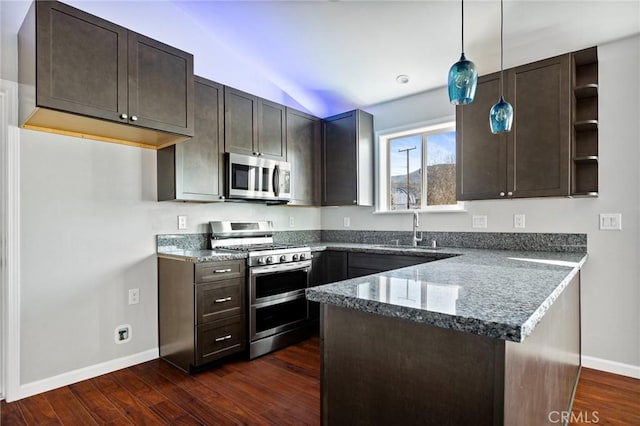 kitchen featuring pendant lighting, dark brown cabinetry, stainless steel appliances, and dark hardwood / wood-style flooring