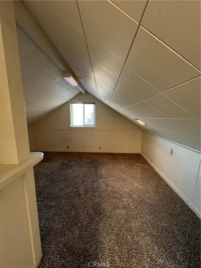 additional living space featuring vaulted ceiling and carpet floors