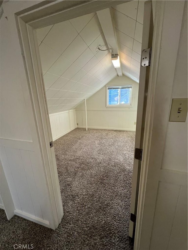 additional living space featuring vaulted ceiling and carpet floors