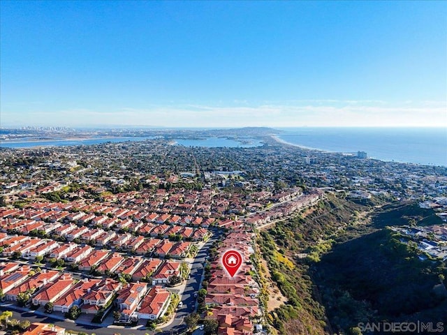 aerial view featuring a water view