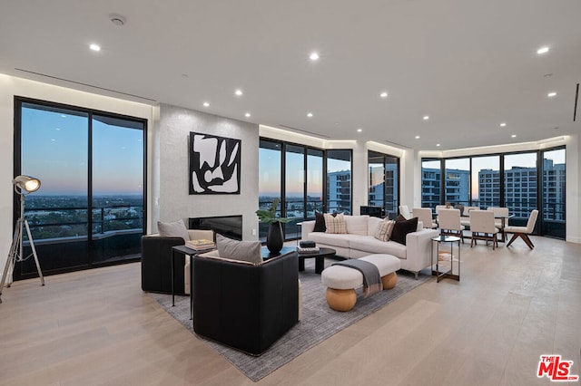 living room with a fireplace, light hardwood / wood-style flooring, and a wall of windows