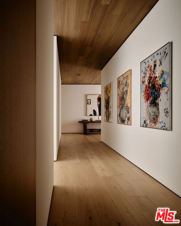 hallway featuring wooden ceiling and light wood-type flooring