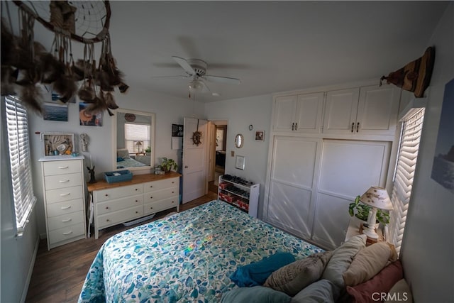 bedroom with dark hardwood / wood-style flooring and ceiling fan