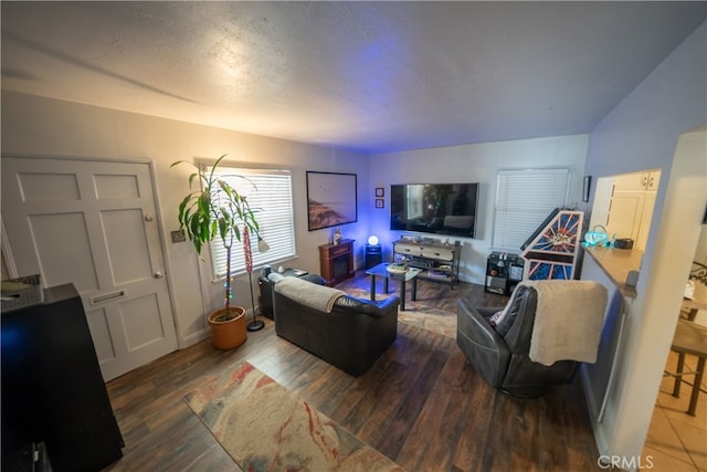 living room with dark hardwood / wood-style flooring and a textured ceiling