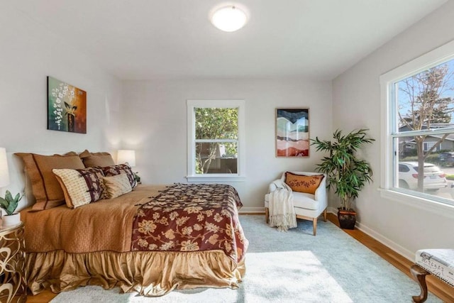 bedroom featuring wood-type flooring and multiple windows