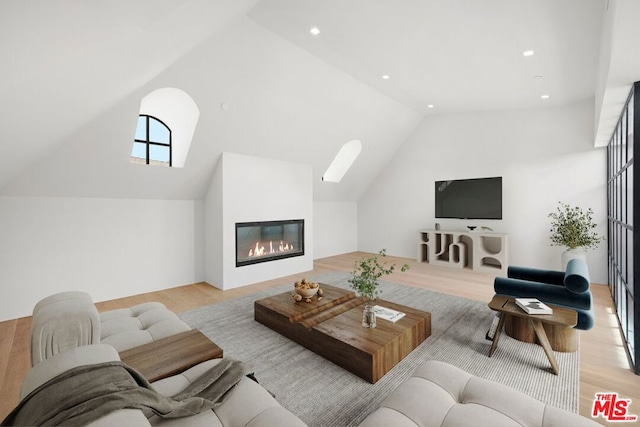 living room featuring light hardwood / wood-style floors and vaulted ceiling