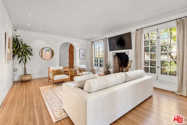 living room with crown molding, plenty of natural light, and light hardwood / wood-style floors