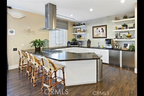 kitchen with stainless steel dishwasher, dark hardwood / wood-style floors, white cabinetry, and extractor fan