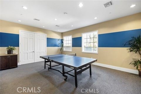 recreation room with dark colored carpet