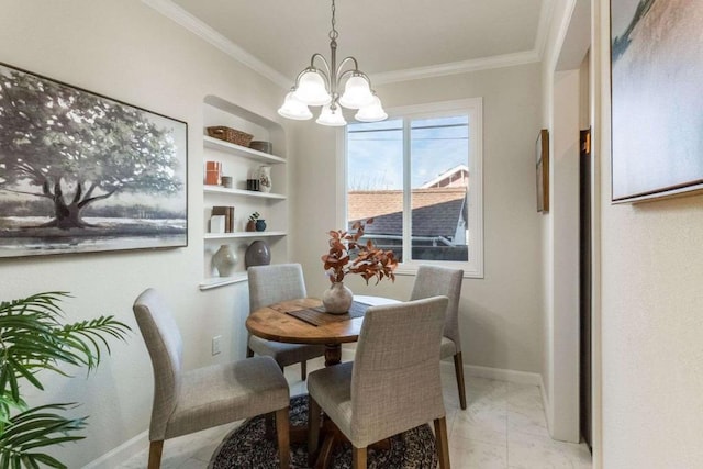 dining room with built in features, crown molding, and a notable chandelier