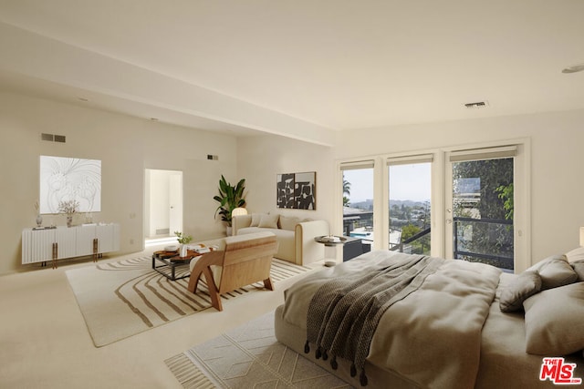 carpeted bedroom featuring radiator and access to exterior