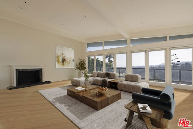 living room with light hardwood / wood-style floors, a water view, and beam ceiling