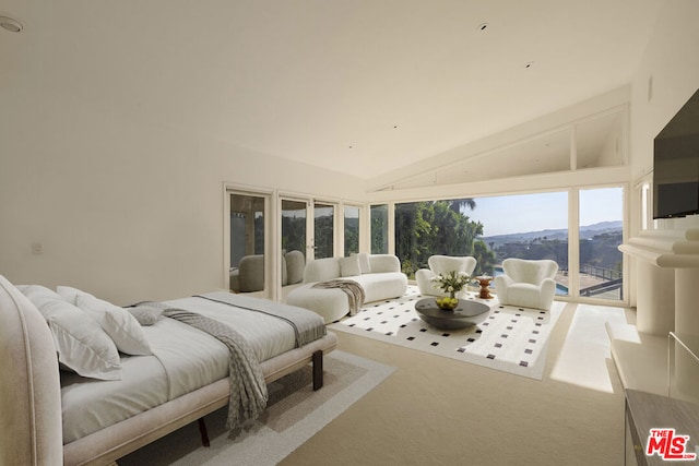 carpeted bedroom featuring access to outside and lofted ceiling