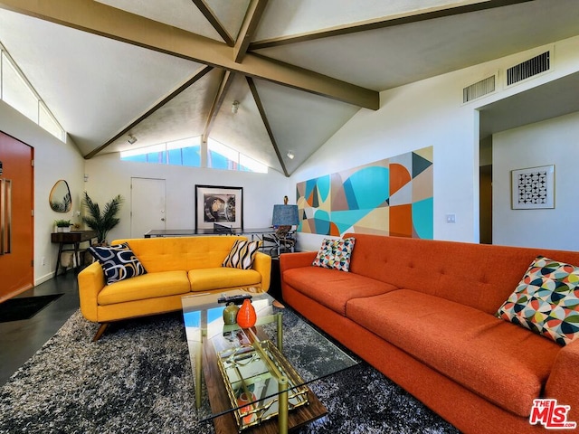 living room featuring beamed ceiling and high vaulted ceiling