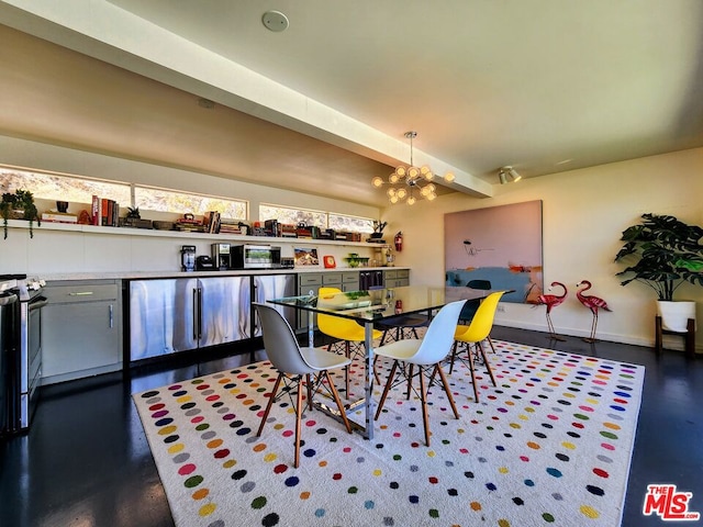 dining space featuring beam ceiling and an inviting chandelier