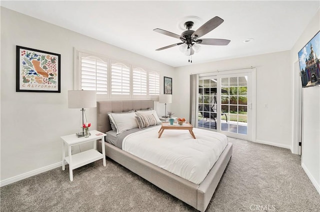 bedroom featuring carpet flooring, access to exterior, and ceiling fan