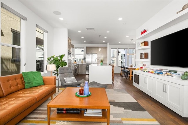 living room with dark wood-type flooring