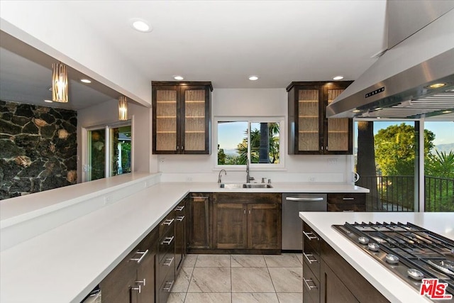 kitchen featuring appliances with stainless steel finishes, dark brown cabinets, island range hood, sink, and decorative light fixtures