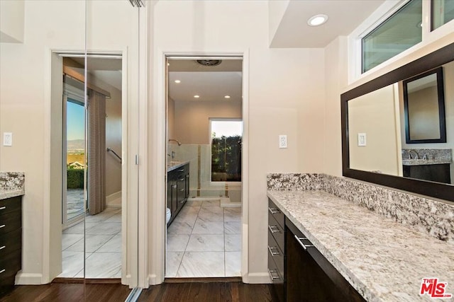 bathroom with hardwood / wood-style floors and vanity