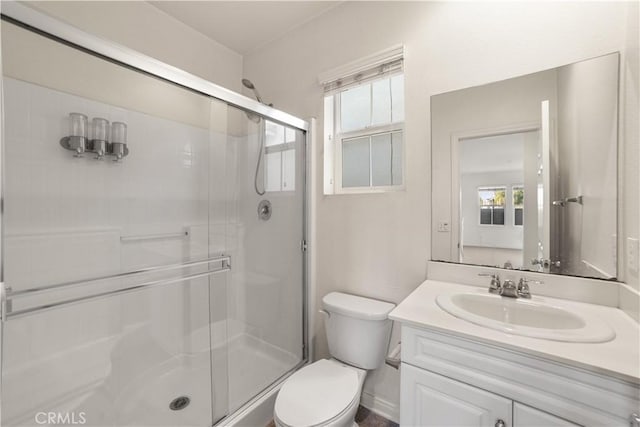 bathroom with vanity, a shower with door, and a wealth of natural light