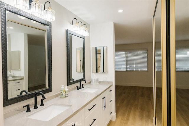 bathroom with vanity and wood-type flooring