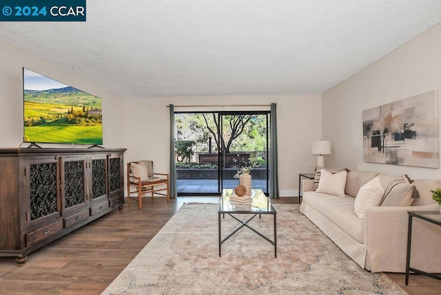 living room with hardwood / wood-style floors and a textured ceiling