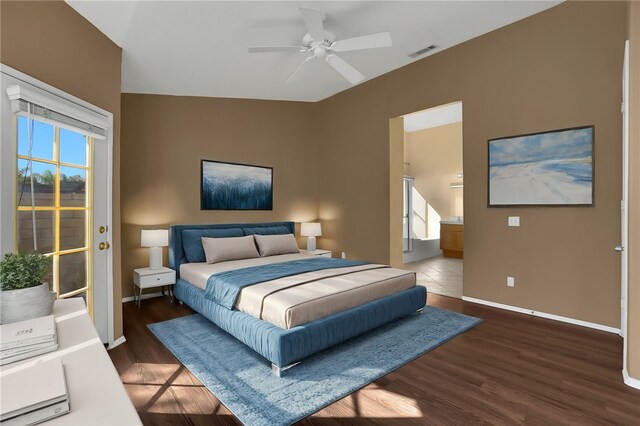 bedroom with dark hardwood / wood-style floors, ceiling fan, and lofted ceiling