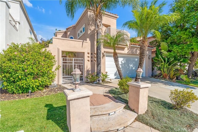 view of front of property with a garage and a balcony