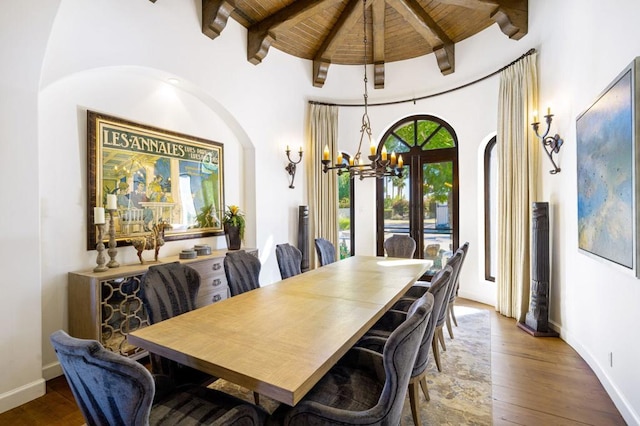 dining space featuring an inviting chandelier, hardwood / wood-style floors, wooden ceiling, and beam ceiling